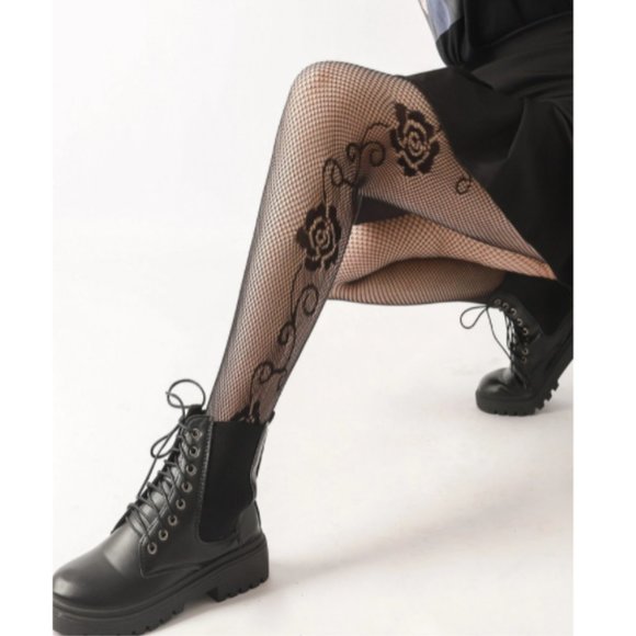 Dolls Kill Accessories - WIDOW BLACK ROSE FISHNET TIGHTS